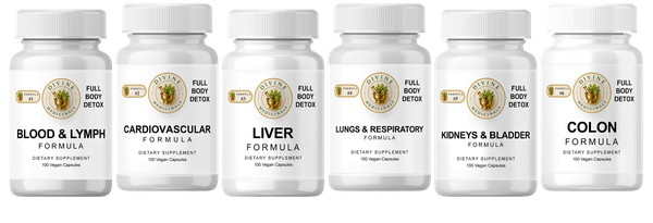 Full Body Detox capsules: six white bottles, one per formula
