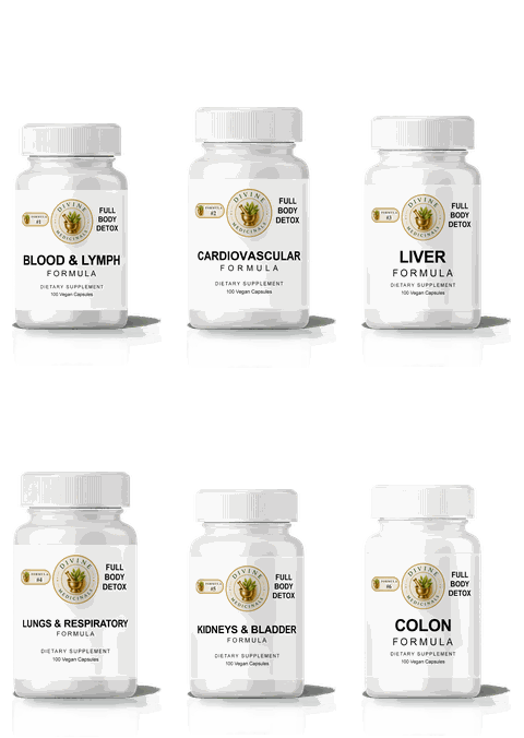 Full Body Detox capsules: six white bottles, one per formula