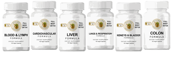 Full Body Detox capsules: six white bottles, one per formula