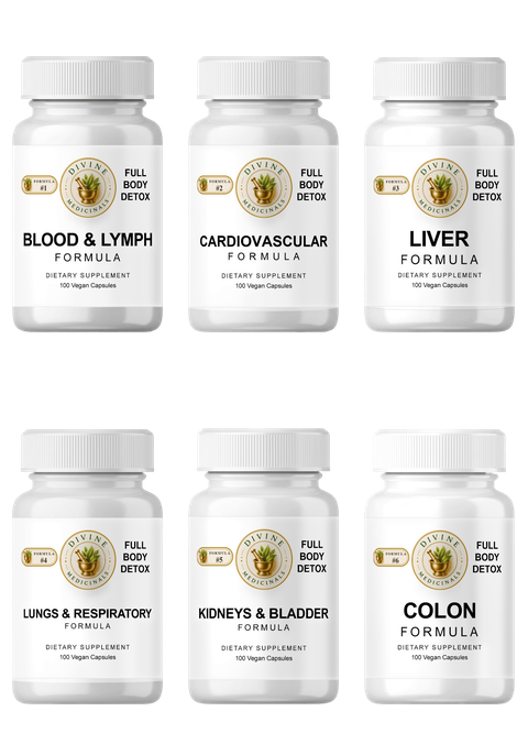 Full Body Detox capsules: six white bottles, one per formula